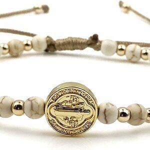 Religious Beaded Bracelet Women Red Coral Saint Benedict Coin Adjustable Gift